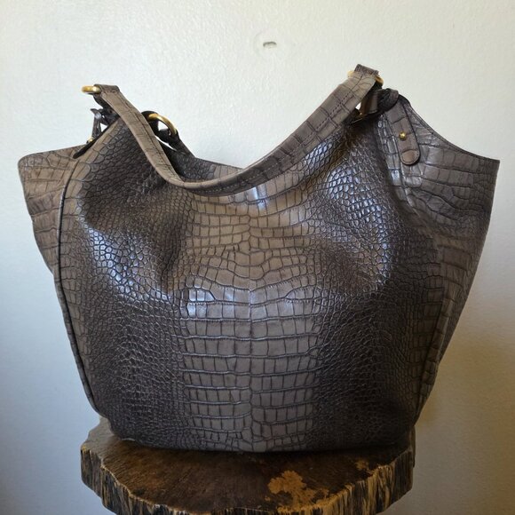 Brahmin Melbourne Anne Hobo Bag Croc Embossed Leather Shoulder Tote Gray Taupe - Picture 13 of 16